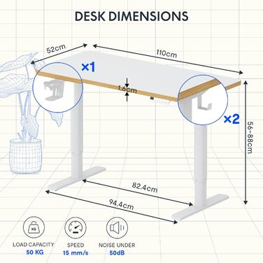Дитячий письмовий стіл FLEXISPOT, з електричним регулюванням висоти, для дітей віком від 6 років, зі світлодіодним дисплеєм висоти, 3 положеннями пам&39яті, блокуванням від дітей та ергономічною стільницею, 110 x 52 см, білий