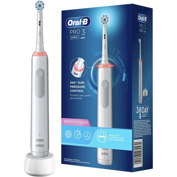 Електрична зубна щітка Oral-B PRO 3 3000 Sensitive Clean, з 3 режимами чищення, включаючи чутливий і візуальний контроль тиску на 360 для догляду за зубами, розроблений компанією Braun, білий