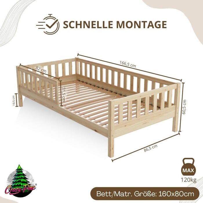 Дитяче ліжко 80x160 см Високе підлогове ліжко Монтессорі з дерева із захистом від падіння Безпечне дитяче ліжко Скандинавський дизайн, легке складання Crazy Basic 160 x 80 см Натуральне дерево Високе