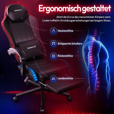 Ігрове крісло Dowinx з RGB-підсвічуванням, світлодіодне ігрове крісло з підставкою для ніг для дорослих, ергономічне ігрове крісло з масажною поперековою опорою, крісло для відеоігор зі штучної шкіри чорного кольору