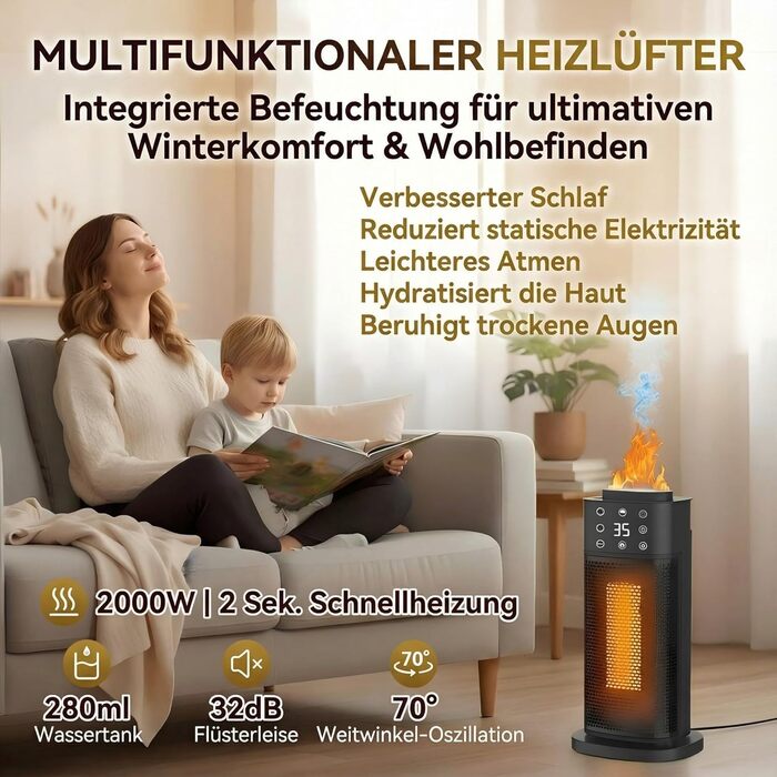 Керамічний вентилятор-обігрівач з ефектом полум&39я та зволожувачем повітря, електричний обігрівач потужністю 2000 Вт, енергозберігаючий та тихий, потужний електричний обігрівач для офісу та спальні, ідеально підходить для обігрівача кімнати
