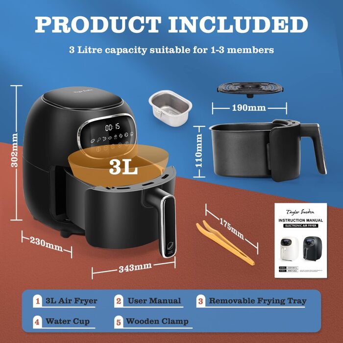 Фритюрниця без олії, 3 л, фритюрниці з 8 програмами, цифровий світлодіодний сенсорний екран, антипригарне покриття, регулювання часу та температури, без бісфенолу А, 1300 Вт