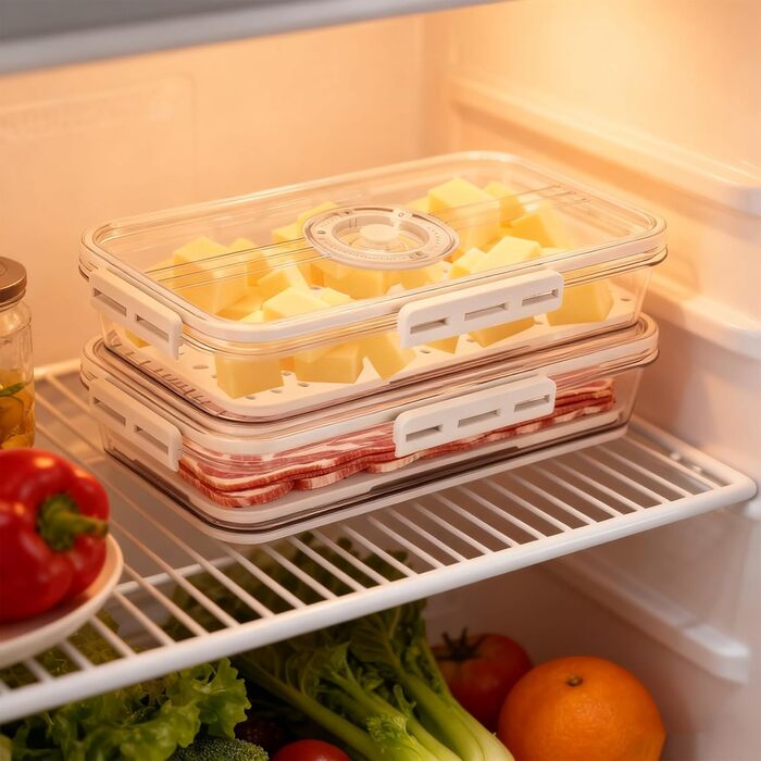 Коробка для зберігання сиру та ковбаси для холодильника, комплект з 2 шт. коробка Deli з лотком для зливання рідини та таймером, герметична, штабелюється та прозора, ідеально підходить як коробка Deli для сиру та ковбаси в холодильнику