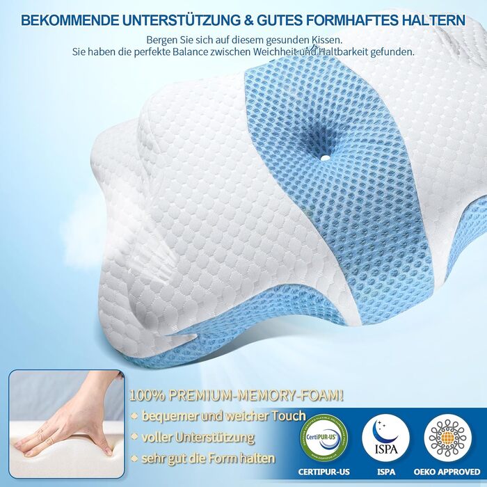 Подушки з піни з ефектом пам&39яті, шийна подушка для полегшення болю в шиї та плечах, ергономічна контурна подушка для ліжка, м&39яка для сну на боці, на животі та на спині, Hellblau