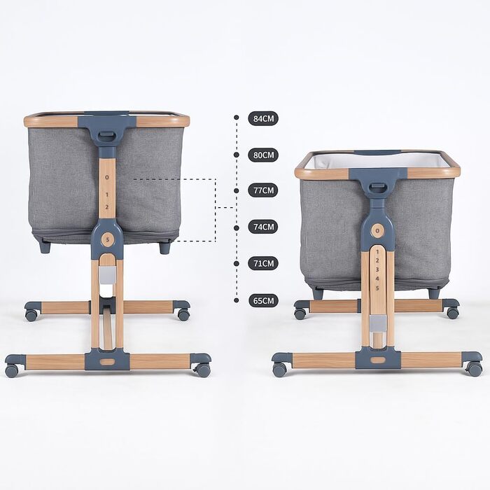 Дитяче ліжечко 4-в-1 від народження до 15 кг, додаткове ліжко з 5 регулюваннями висоти, з матрацом/складною бічною панеллю/колесами, ліжечко з сітчастої тканини, з функцією манежу, (сірий), 2luxe Leo