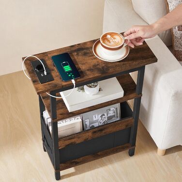 Журнальний столик із зарядною станцією, тумбочка біля ліжка зі знімною шухлядою, невеликий журнальний столик для обмеженого простору, спальня, вітальня, офіс, рустикальний коричневий та чорний AETHR125UE01