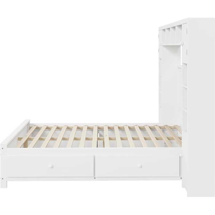 Настінне ліжко 140x200, настінне ліжко з рейковою основою, ліжко-мерфі з 4 шухлядами та великою шафою для зберігання, ліжко з масиву дерева, двоспальне ліжко, каркас ліжка (білий) A-white