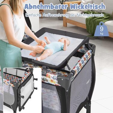 Дитяче ліжечко FANTASK 4-в-1 зі складним матрацом, пеленальний столик та балдахін, дорожнє ліжечко на колесах, сумка для перенесення, портативне тумбочки з ігровою аркою та музичний мобіль для малюків до 36 місяців