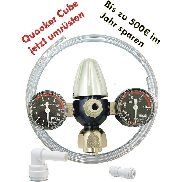 Редуктор тиску CO2 підходить для Quooker Cube на стандартних пляшках C0 2 кг, 6 кг, 10 кг включно з редуктором тиску, подовжувальним шлангом і матеріалом з'єднання, штепсельною системою