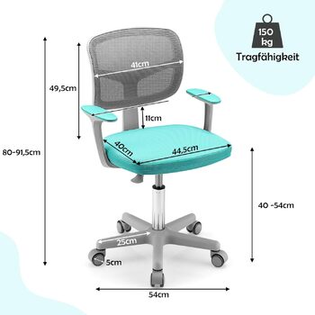 Дитяче офісне крісло GOPLUS, регульоване по висоті обертове крісло, висота сидіння 40-54 см, дитяче офісне крісло зі спинкою, знімна подушка сидіння, ергономічне обертове крісло для дітей 3-10 років (бірюзове)
