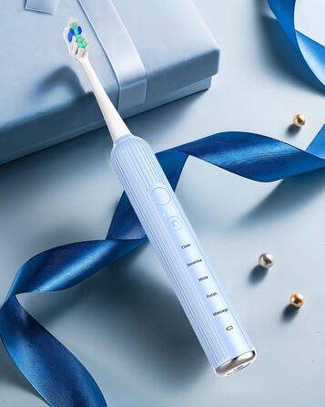 Електрична зубна щітка, звукова зубна щітка для дорослих та дітей, з 5 режимами чищення, 3 рівнями інтенсивності, вбудованим таймером та 8 насадками, дорожній футляр, світло-блакитний, (в упаковці)