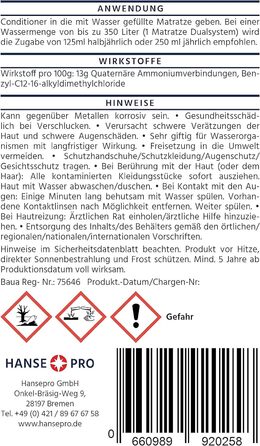 Кондиціонер для водяних ліжок Hanse Pro, 4 x 250 мл I Кондиціонер для водяного ліжка I Догляд I Очищення I Захист I Кондиціонер I Підходить для всіх водяних ліжок