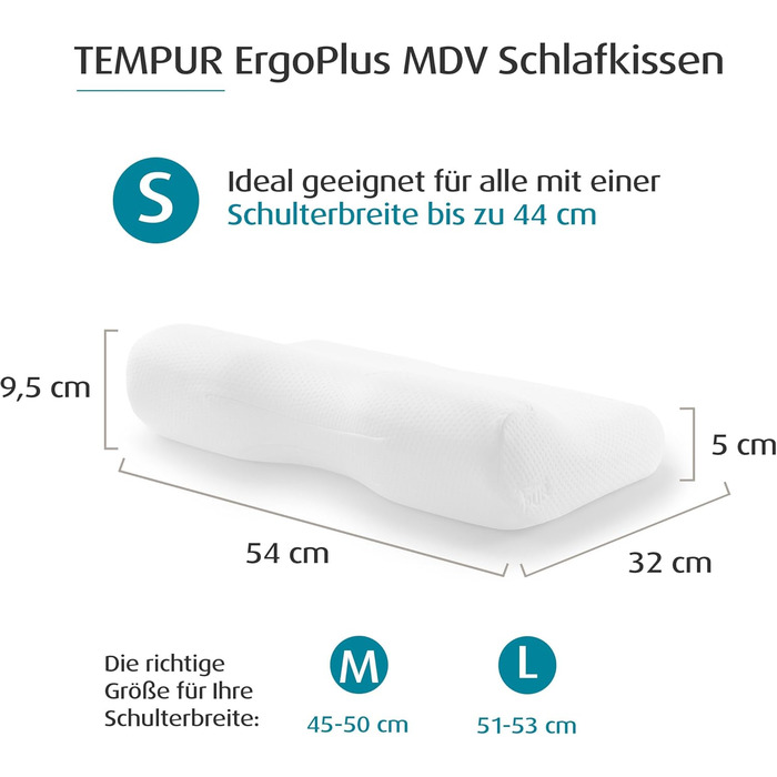 Подушка TEMPUR ErgoPlus MDV з піни з ефектом пам&39яті, ергономічна подушка для підтримки шиї для сну на спині та боці, жорстка, S (54 x 32 x 9,5/5 см), білий. Наступник S (54 x 32 x 9,5/5 см)