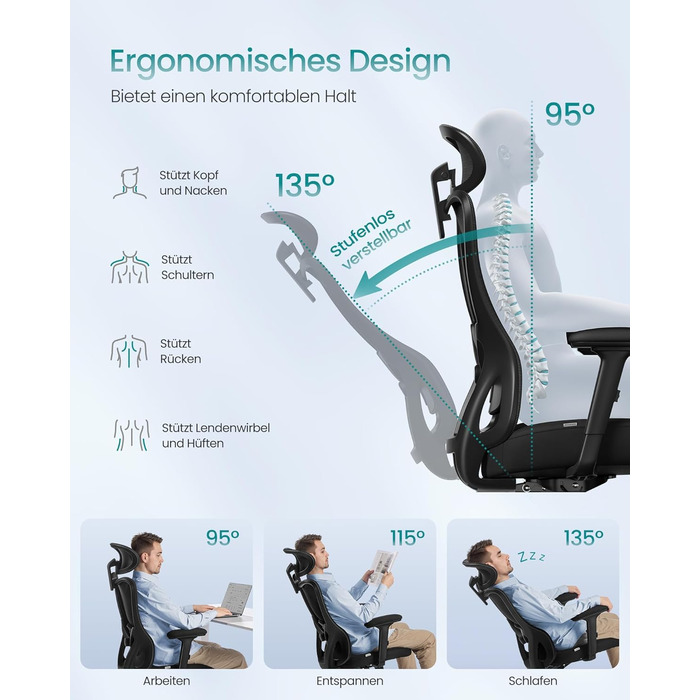 Ергономічне офісне крісло SONGMICS, стілець для роботи, комп&39ютерне крісло, регульований поперековий відділ та підголівник, вантажопідйомність до 150 кг, регульована висота, чорний колір OBN066BH01