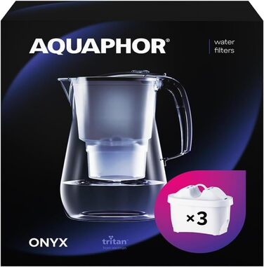 Фільтр для води AQUAPHOR Onyx 4,2 л, для зменшення вапняного нальоту, хлору та інших забруднень, включаючи 3 фільтрувальні картриджі Maxfor - фільтр для води преміум-класу у скляному вигляді. - Чорний