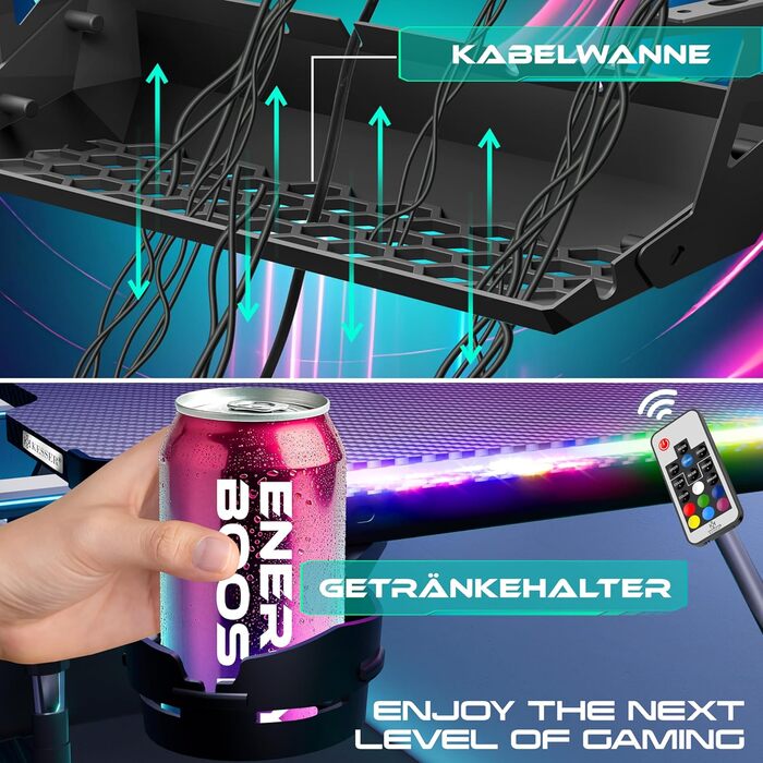 Ігровий стіл KESSER зі світлодіодним освітленням, 120 см x 60 см Z-подібний ігровий стіл Кріплення для навушників та покриття з вуглецевого волокна Ергономічний комп&39ютерний стіл Міцний стіл з підсклянником, чорний, 120 x 60 см, вуглецеве волокно зі сві