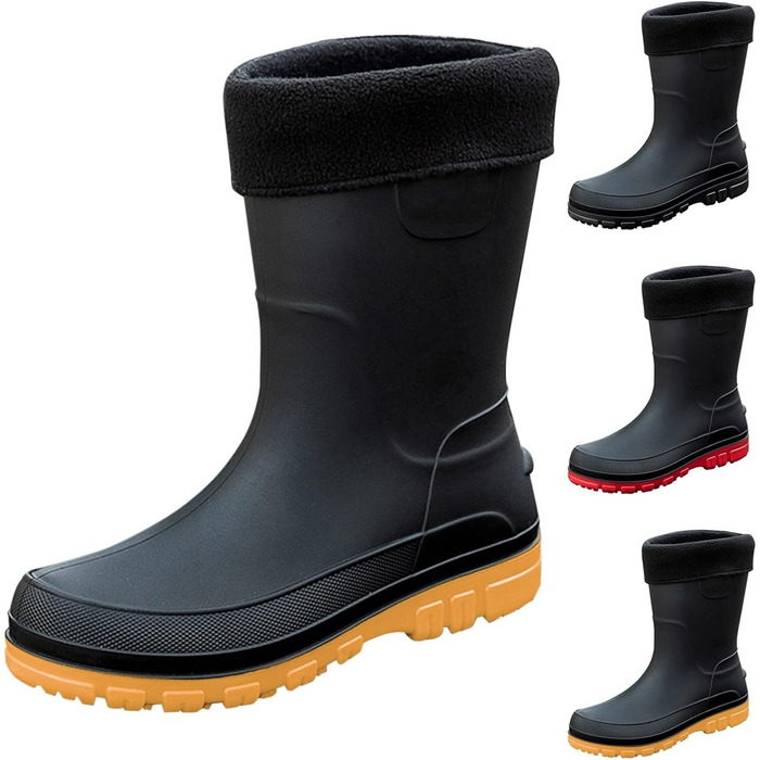 Гумові чоботи з флісовою підкладкою, водонепроникні гумові чоботи, утеплене садове взуття, нековзна підошва, до щиколотки, до литки, взуття для активного відпочинку на природі, для жінок, чоловіків, унісекс, дорослих, чорні, червона підошва, жовті, розмір
