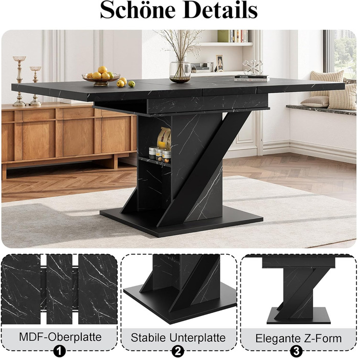 Розсувний обідній стіл з місцем для зберігання, ніжки столу для 4-6 осіб, обідній/кухонний стіл з характерним візерунком, дерев&39яний обідній стіл, розсувний, 110-140x80x75 см, чорний