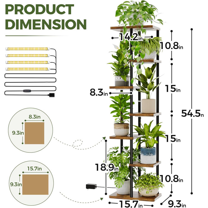 Підставка для квітів Bamworld з підсвічуванням для рослин, 7-рівнева кутова полиця для рослин з дерева та металу, міцний тримач для кімнатних рослин для вітальні, балкона, спальні, прикраса полиці для рослин, 7 рівнів