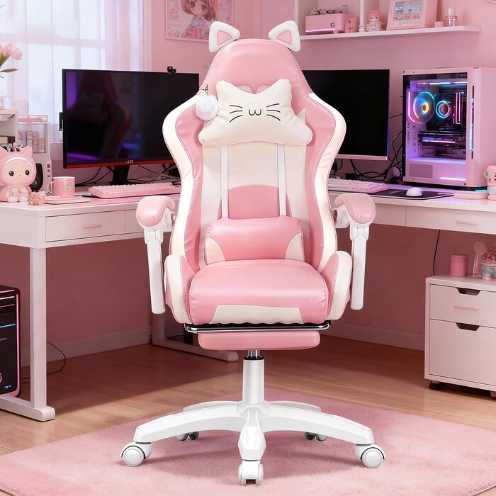 Ігрове крісло, Офісне крісло, Ігрове крісло, Ергономічне ігрове крісло з підставкою для ніг, поперековою опорою, підголівником та котячими вушками, М&39яке ігрове крісло, Обертове крісло для дівчаток 135 кг, Рожеве