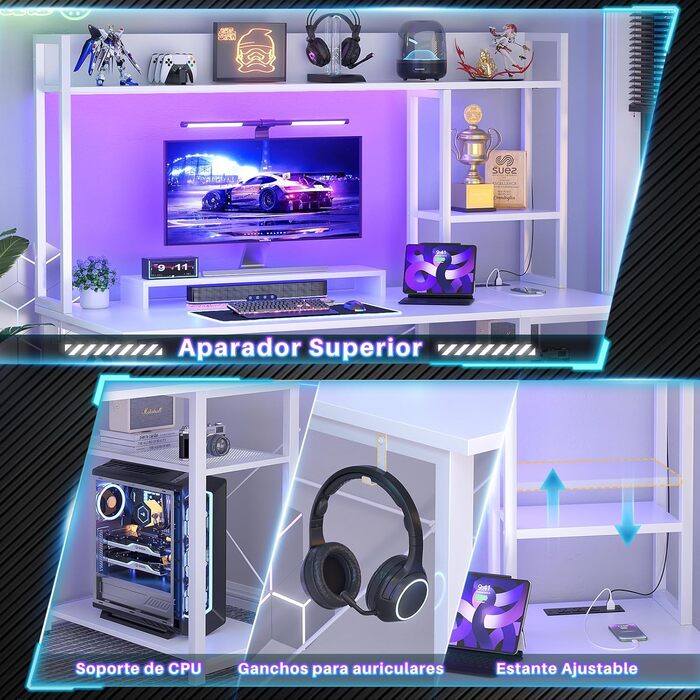 Ігровий стіл з полицею, комп&39ютерний стіл 47 дюймів зі світлодіодним підсвічуванням та розетками, стіл для домашнього офісу з двосторонніми 5-ярусними відділеннями для зберігання та підставкою для монітора, білий 120 см