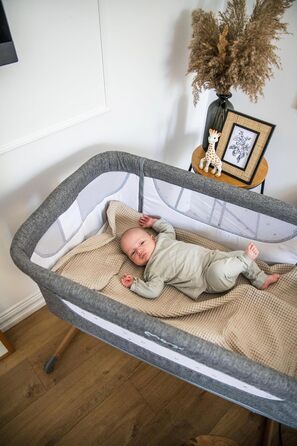 Дитяче ліжечко Momi SMART Bed 4-в-1 до 15 кг, приліжкове ліжечко для немовлят з матрацом, регульована висота, сірого кольору, одномісне