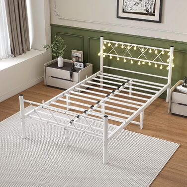 Каркас ліжка HOJINLINERO 120x200 з підсвічуванням, Ліжко 120x200 з рейковою основою, Металевий каркас ліжка, Металеве двоспальне ліжко, Гостьове ліжко, Дитяче ліжко з місцем для зберігання під ліжком для спальні, Біле