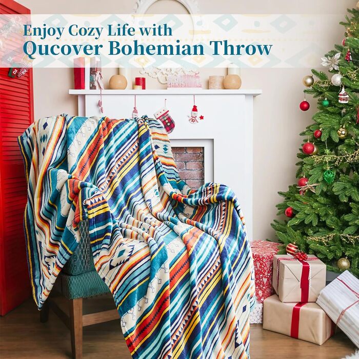 М&39яка ковдра Qucover 150x200, плед у стилі бохо з різнокольоровими смужками, м&39який, теплий вовняний плед, пухнастий плед для дивана для подорожей, кемпінгу та використання на свіжому повітрі. Висока щільність тканини 260 г/м, 150x200 см