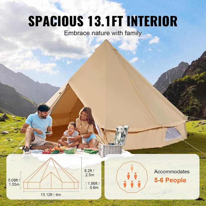 Намет-юрта VEVOR Bell Tent 3-7 м, підходить для 6-12 осіб, виготовлена з бавовни TC та має міцні залізні стійки з ПВХ підлогою. Кемпінговий намет-дзвін з парусини.