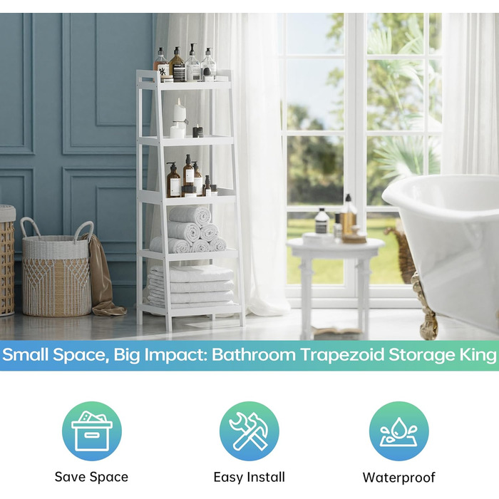 Бамбукова книжкова полиця SMIBUY з драбиною, органайзер для полиць у ванній кімнаті, окремостояча підставка для рослин, компактні полиці для спальні, кухні, балкону (біла, 5 полиць (127 см заввишки)) Біла 5 полиць (127 см заввишки)