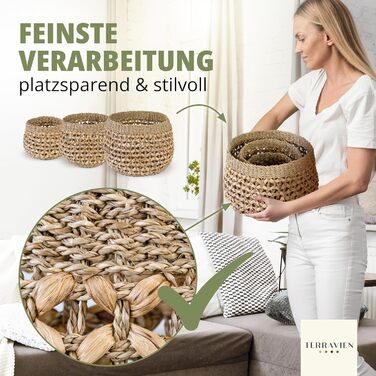 Набір кошиків для зберігання з 3 шт. , ручної роботи з натуральних матеріалів морської трави та водяного гіацинта Плетений кошик Кошик для зберігання для кухні, ванної кімнати, вітальні Штабелювані кошики