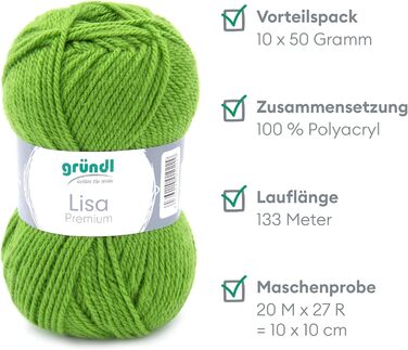 Пряжа Grndl Lisa Premium Uni Knitting & Crochet Yarn (м'яка і вовняний характер, проста в догляді миється трикотажна пряжа з 100 поліакрилу, 50 г/ 133 м, розмір голки 3,5 - 4,5, 10 клубків по 50 г кожен), (травневий зелений)