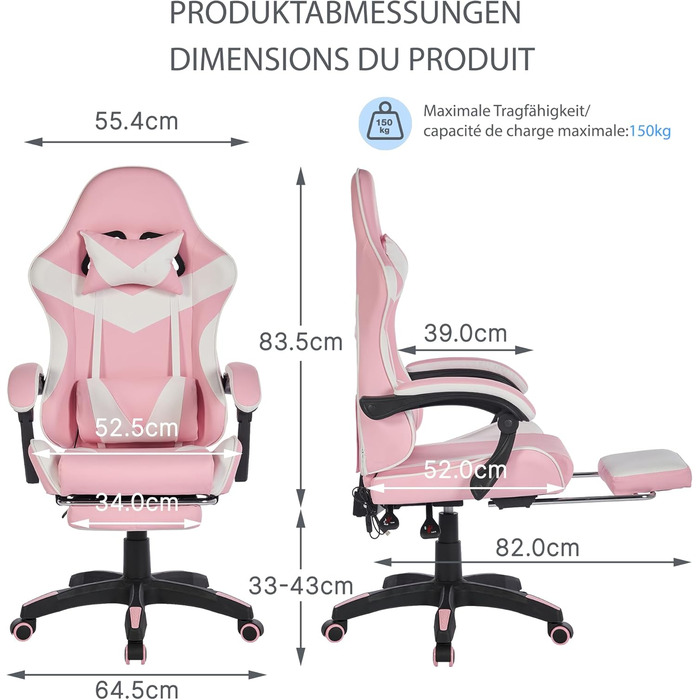 Шкіряне ігрове крісло, поворотне на 360 та ергономічне, з підголівником, поперековою опорою та підставкою для ніг, рожево-біле