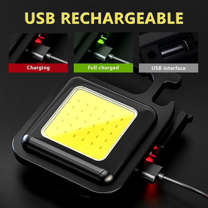 Ліхтарика COB на брелоку, водонепроникні маленькі світлодіодні ліхтарі з USB-підсилювачем, що перезаряджаються, на 800 люмен, 4 режими, портативний ліхтарик зі складаним кріпленням, відкривачка для пляшок і магнітна основа, 2 шт.