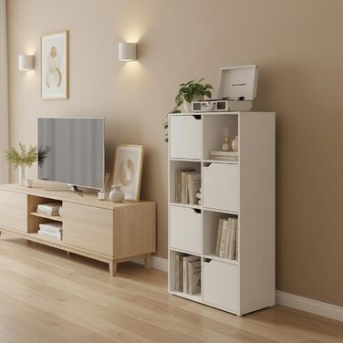 Книжкова полиця для кабінету, спальні та вітальні, книжкова шафа з 4 дверцятами та 8 відділеннями, полиця для зберігання, окремостояча полиця, офісна полиця, полиця для файлів, полиця для папок, 60 x 30 x 120 см