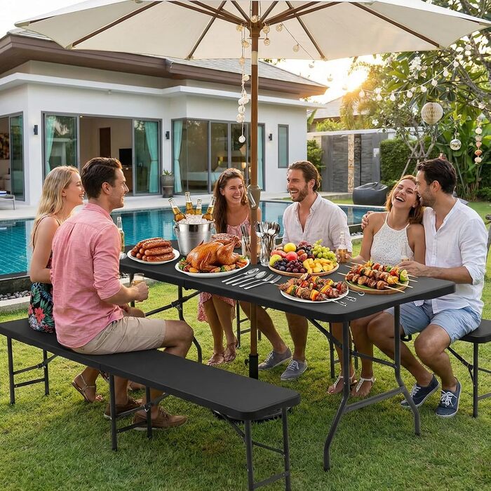 Складаний пластиковий набір для пивного саду Sekey Стіл 2 пивні лавки з ручками для перенесення Набір для пивного саду 180 см для приміщень/вулиці Набір пивних столів (чорний)