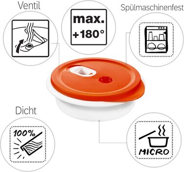 Контейнер для мікрохвильової печі Rotho Micro Clever 1л з кришкою та вентиляційним отвором, пластик (PP) без BPA, червоний/білий, 1л (20.0 x 20.0 x 6.5 см) Білий/Папая 20 x 20 x 6.5 см