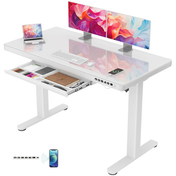 Стіл Homall Glass з регульованою висотою, 120 x 60 см, електричний стіл з регульованою висотою та шухлядою, стіл для домашнього офісу з можливістю сидіти та стояти, білий 120 x 60 см, білий