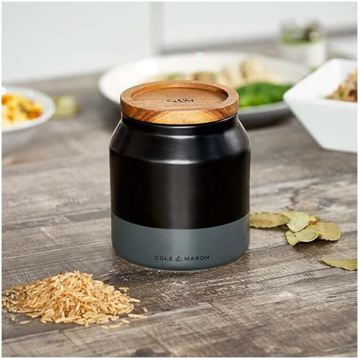 Керамічні контейнери для зберігання Cole & Mason H822137 Hinxton з дерев&39яними кришками, чорні/сірі/коричневі, 125 мм x 110 мм, коробка для зберігання / кухонний контейнер / контейнери для зберігання продуктів, гарантія 2 роки, невеликий контейнер для з
