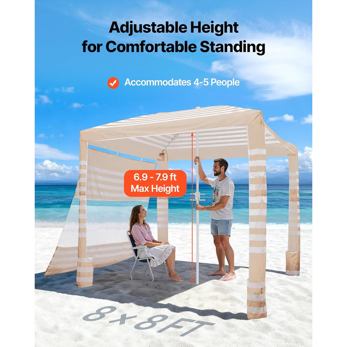 Пляжний навіс VEVOR, 2,4 x 2,4 м з бічною стінкою, сонцезахисний фактор UPF 50, навіс з мішками з піском, регульований по висоті та портативний сонцезахисний навіс для всієї родини та друзів