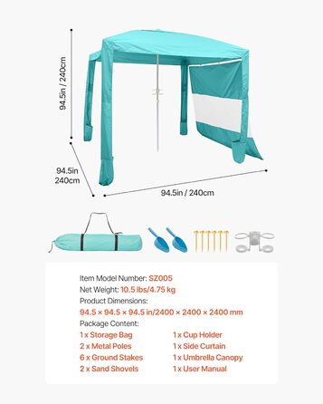 Пляжний намет VEVOR, 2,4 x 2,4 м з бічною стінкою, захист від сонця UPF 50, пляжний павільйон з мішками з піском, регульована по висоті портативна сонцезахисна навіс для родини та друзів, зелений