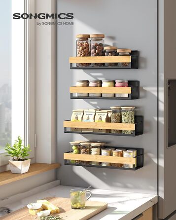 Магнітна полиця для спецій SONGMICS, набір з 4 шт. , 2 великі та 2 малі полиці, органайзер для спецій без свердління, магнітна полиця, для кухні, холодильника, мікрохвильової печі, пральної машини, чорно-натуральний бежевий KCS062BH01 чорно-натуральний бе