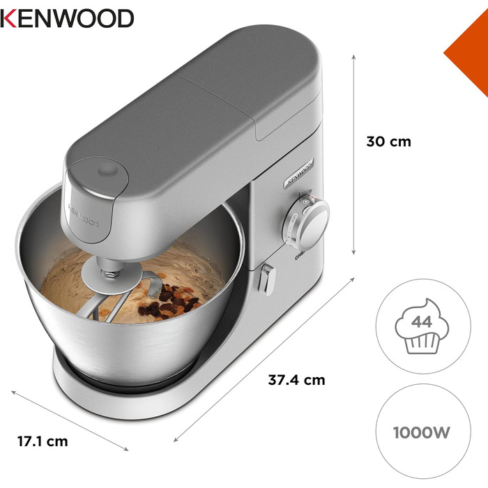 Кухонний комбайн Kenwood Chef KVC3110S, чаша для змішування з нержавіючої сталі 4,6 л, система безпеки з блокуванням, металевий корпус, 1000 Вт, включаючи набір для кондитерських виробів із 3 предметів і насадку для акрилового блендера, срібло
