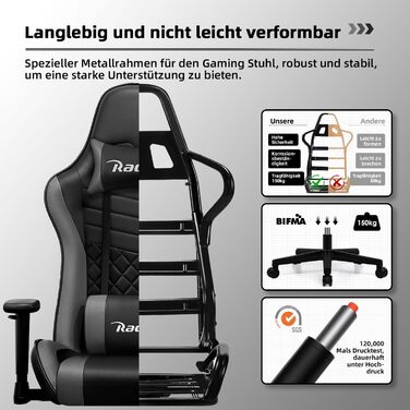 Геймерське крісло, офісне крісло з функцією гойдання до 170, ігрове крісло з регульованою поперековою подушкою, підлокітниками та підголівником, геймерське крісло зі зручними подушками сидіння, ігрове крісло вантажопідйомністю 150 кг