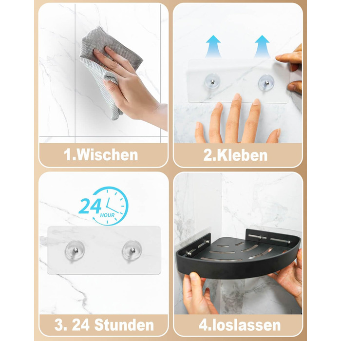 Кутова полиця для душу без свердління, чорна, з тримачем для шампуню та захистом від іржі. Набір з 2 полиць з 4 гачками, проста установка, чорний колір.