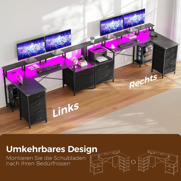 Ігровий Г-подібний стіл IRONCK з LED-підсвіткою та розетками (2AC1USB1C), 189x100 см, кутовий комп'ютерний стіл з 6 шухлядами та підставкою для монітора, реверсивний стіл для дому та офісу, чорний