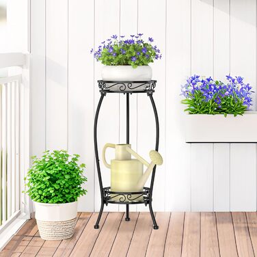 Дворівнева підставка для рослин чорного кольору для використання в приміщенні та на вулиці, для великих, високих квіткових горщиків на терасі, міцна вертикальна металева полиця для вузьких кутів підлоги, стабільний тримач-органайзер, чорний відтінок