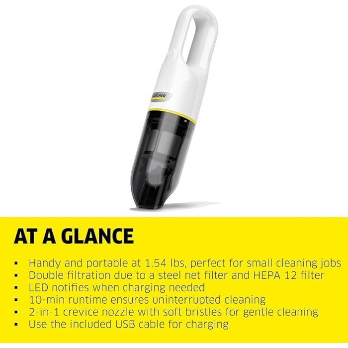 Акумуляторний ручний пилосос Krcher CVH 2, компактний і легкий пилосос для швидкого прибирання крихт, контейнер для пилу 0,15 л, в