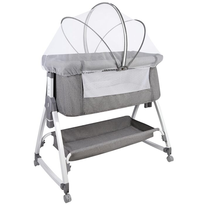 Дитяче ліжечко Side-by-Side, дитяче ліжечко 2-в-1 від народження до 25 кг, додаткове ліжко з 6 регулюваннями висоти, з матрацом/відкидною бічною панеллю/колесами, ліжечко з сітчастої тканини - 80 x 40 x 100-115 см - льон 80 x 40 x 100-115 см - льон