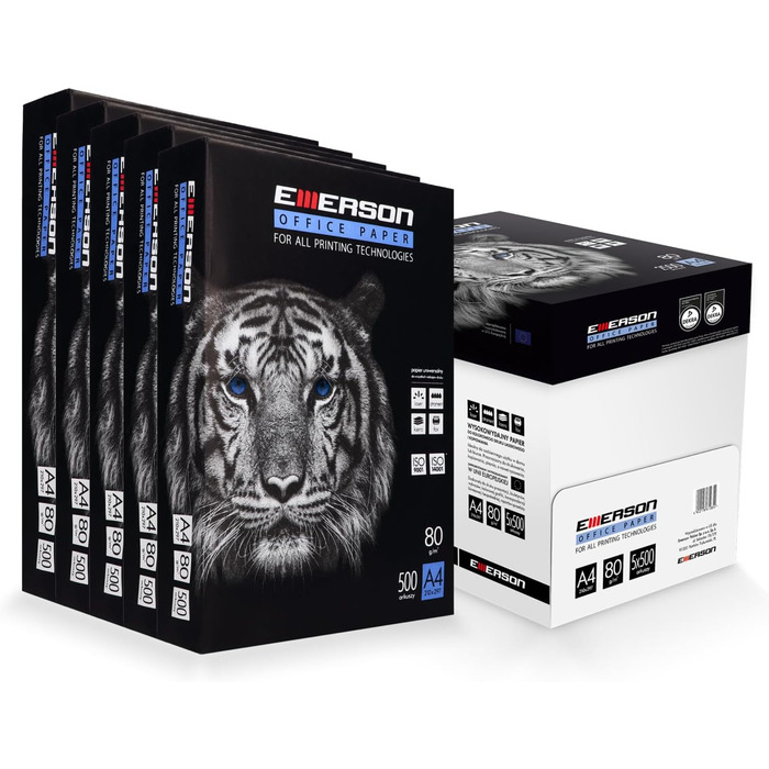 Папір для копіювання принтера Emerson TIGER A4 210 x 297 мм А4 Ксерокопний папір Білизна 146 CIE 80 г/м2 5x500 аркушів Принтер лазерний, струменевий, ксерокопійний, факсимільний Папір для ксерокопіювання